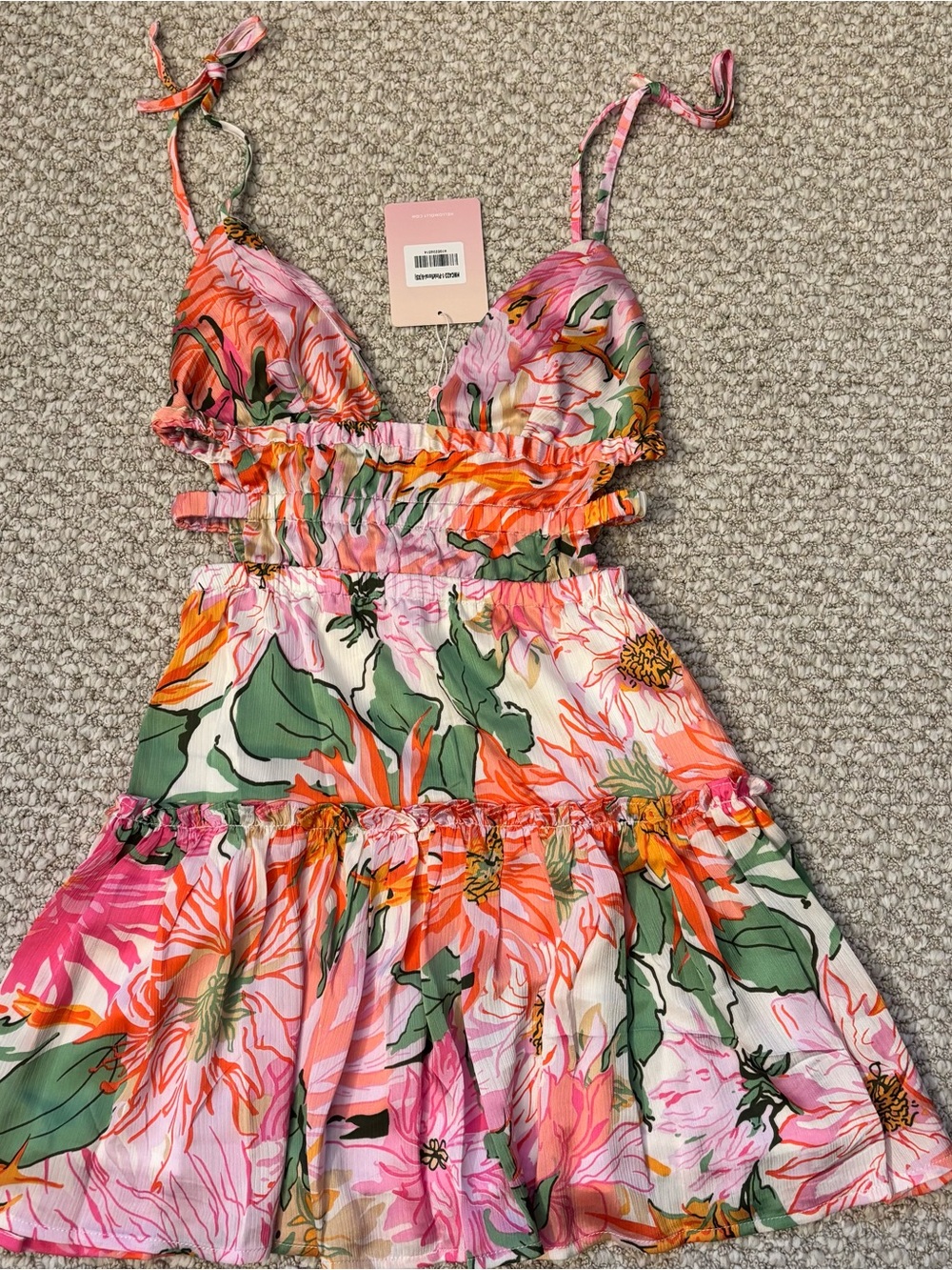 NWT Hello Molly Pink Floral Cutout Ruffled Dress with Orange Accents Size XS
